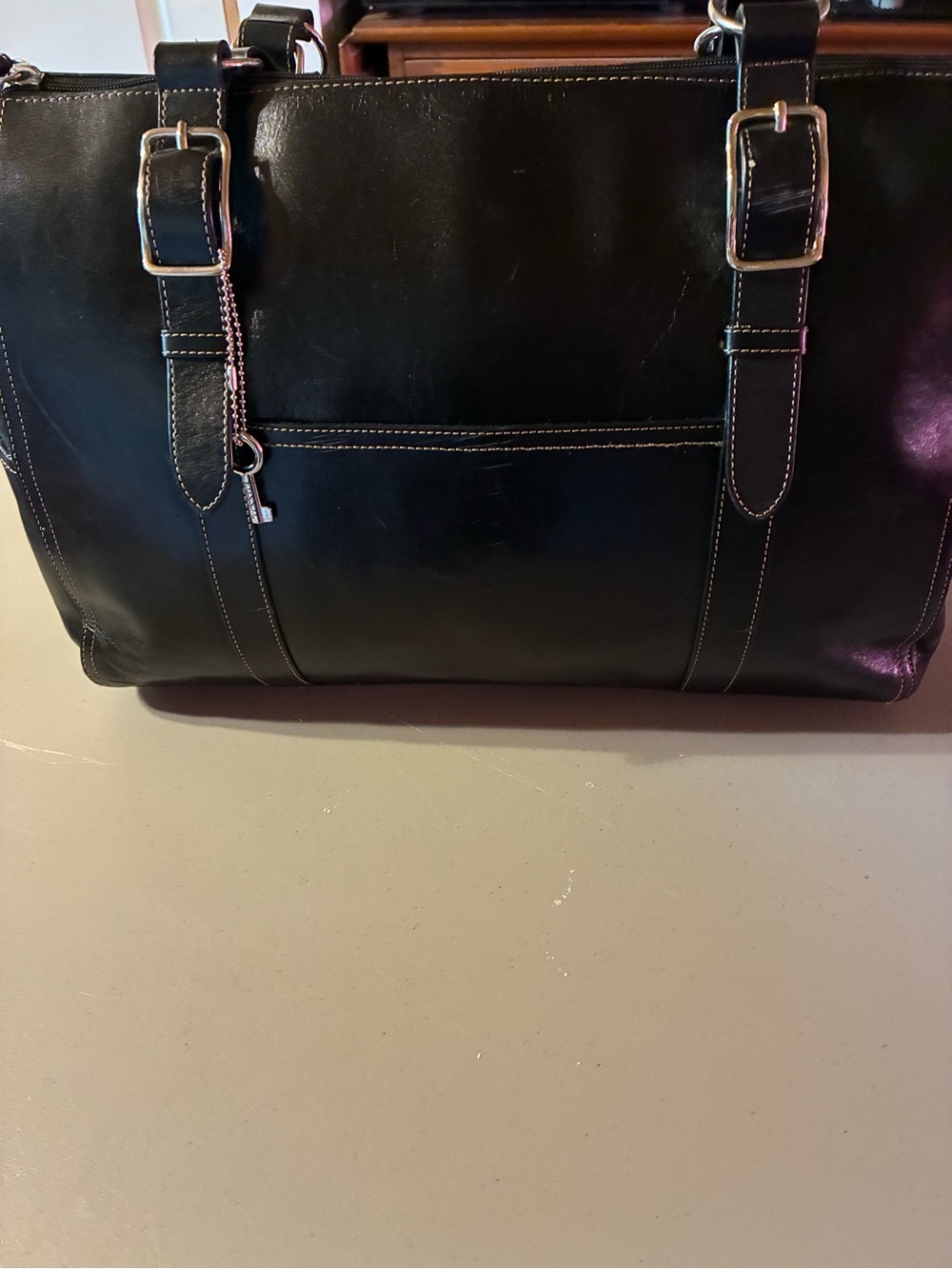 Fossil Black Leather Briefcase/purse with Buckle Straps Top Zipper closure